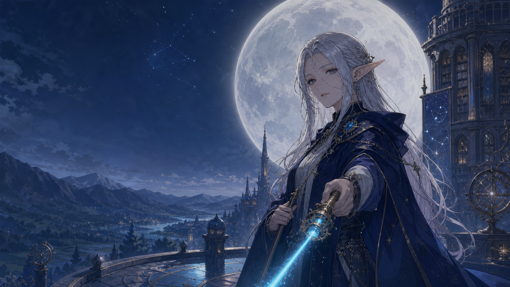 月亮前的原创女精灵用魔杖指向使用者，远处是月下学院与资料塔